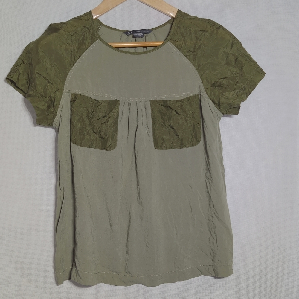 Armani Exchange Sz XS Khaki Green Rayon Mulberry Silk 2014 Short Sleeve Top